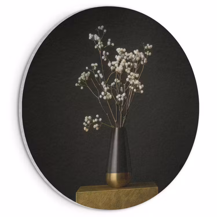 Akoestisch schilderij rond - Bloembollen - Wit - Vaas - Minimalistisch — 1