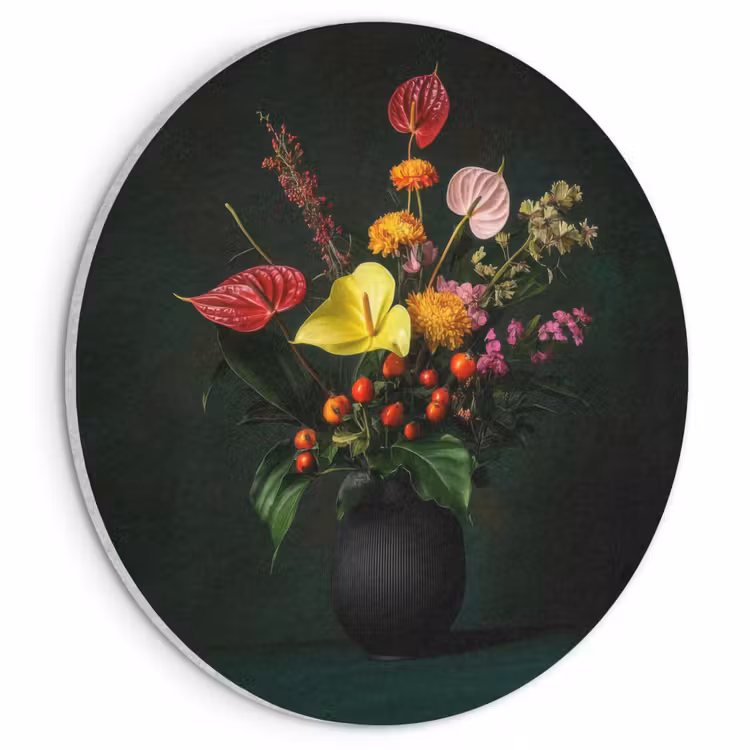 Akoestisch schilderij rond - Bloemen - Vaas - Zwart — 1