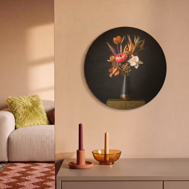 Akoestisch schilderij rond - Boeket - Oranje - Gouden - vaas — 3