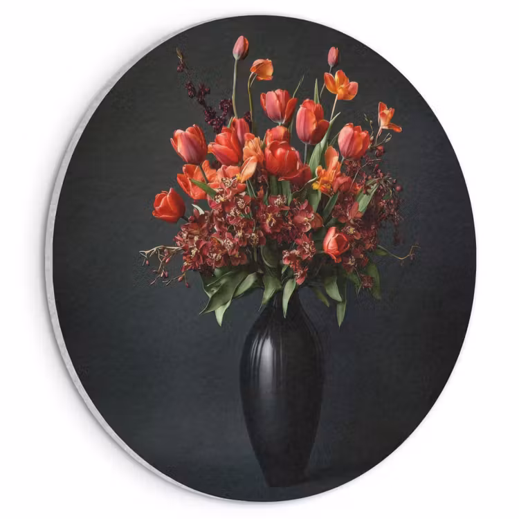 Akoestisch schilderij rond - Boeket - Tulpen - Vaas - Rood — 1