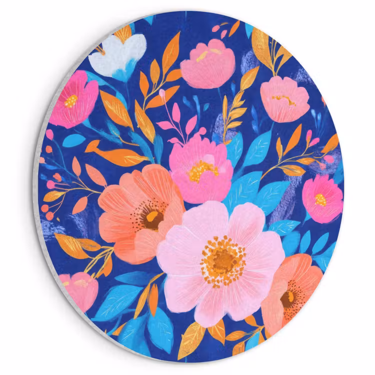 Akoestisch schilderij rond - Bloemen - Blauw - Roze — 1