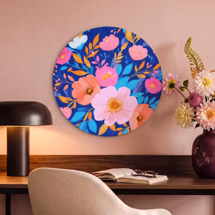 Akoestisch schilderij rond - Bloemen - Blauw - Roze — 2
