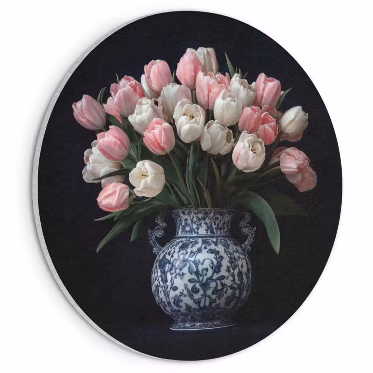Akoestisch schilderij rond - Bloemen - Roze - Tulpen - Vaas — 1