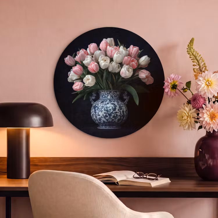 Akoestisch schilderij rond - Bloemen - Roze - Tulpen - Vaas — 2