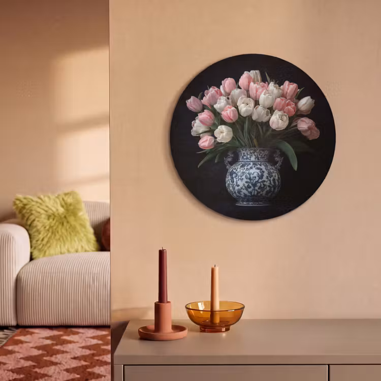 Akoestisch schilderij rond - Bloemen - Roze - Tulpen - Vaas — 3