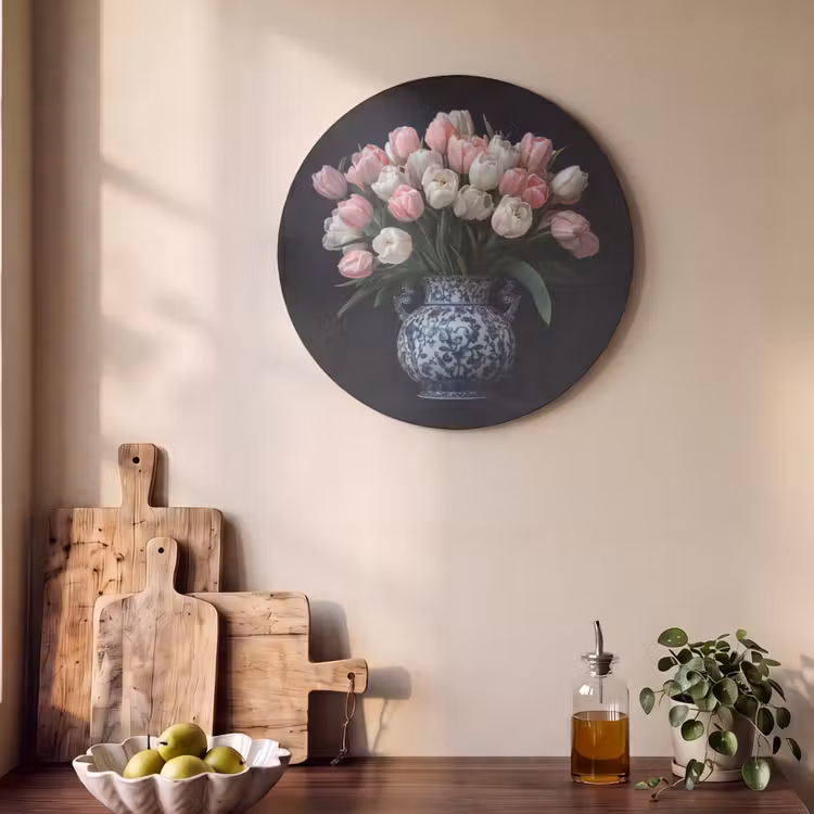 Akoestisch schilderij rond - Bloemen - Roze - Tulpen - Vaas — 4