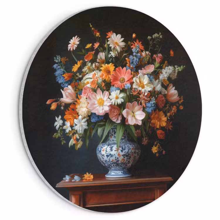 Akoestisch schilderij rond - Boeket - Roze - Bloemen - Vaas — 1