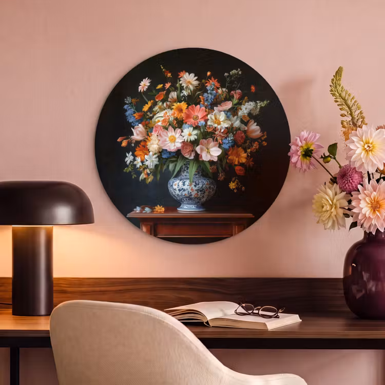 Akoestisch schilderij rond - Boeket - Roze - Bloemen - Vaas — 2