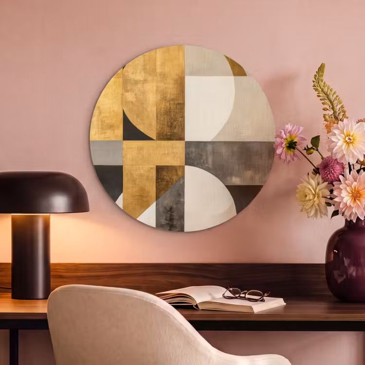Akoestisch schilderij rond - Abstract - Goud - Grijs - Vormen - Geometrisch — 2