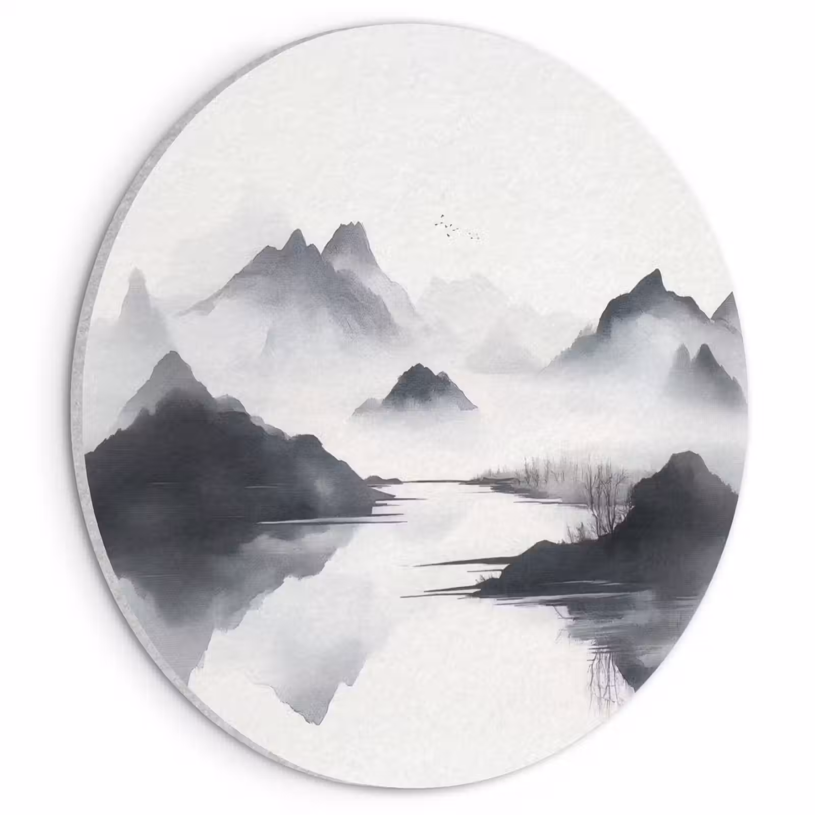 Akoestisch schilderij rond - Bergen - Mistig - Water - Wit — 1