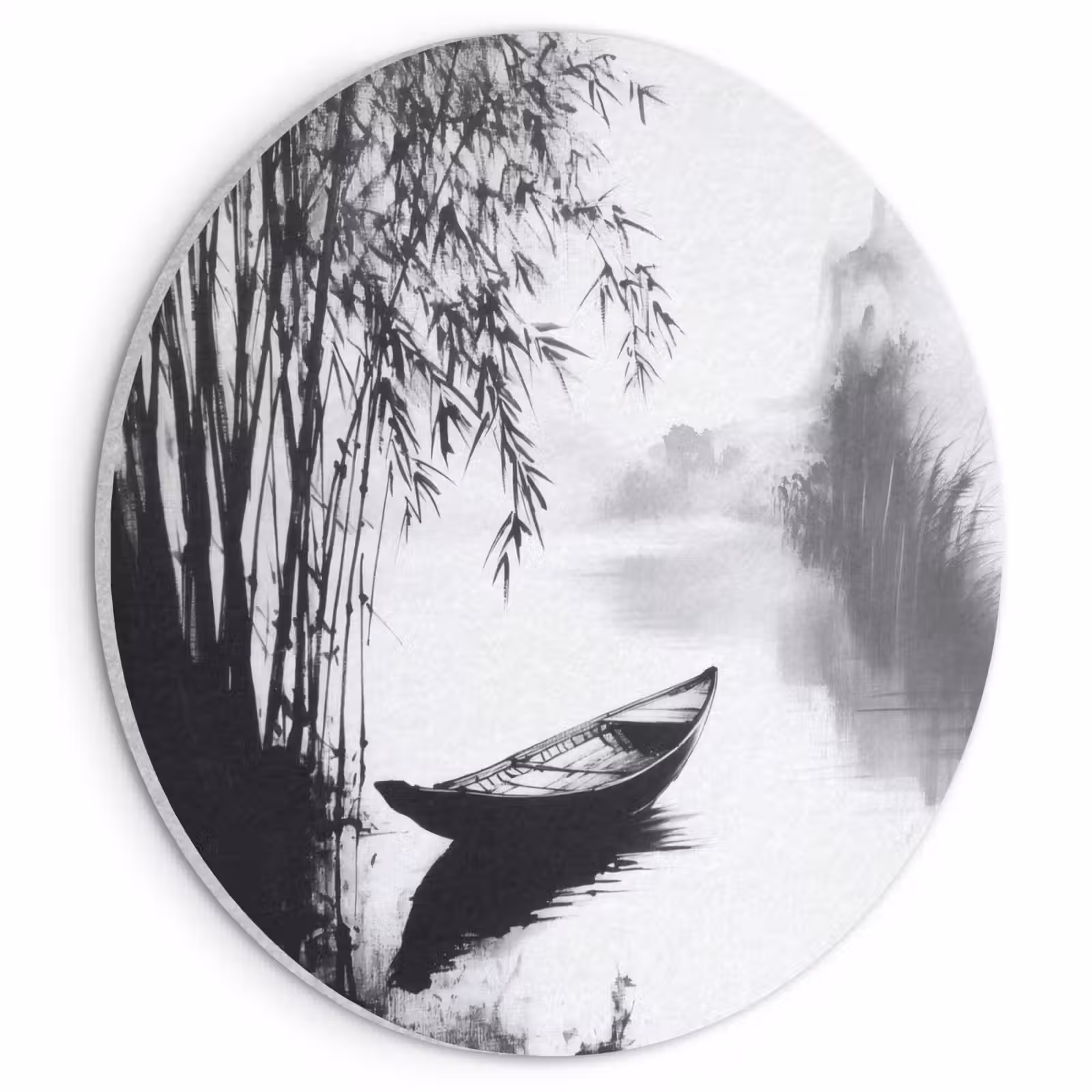Akoestisch schilderij rond - Boot - Rivier - Bamboe - Wit — 1