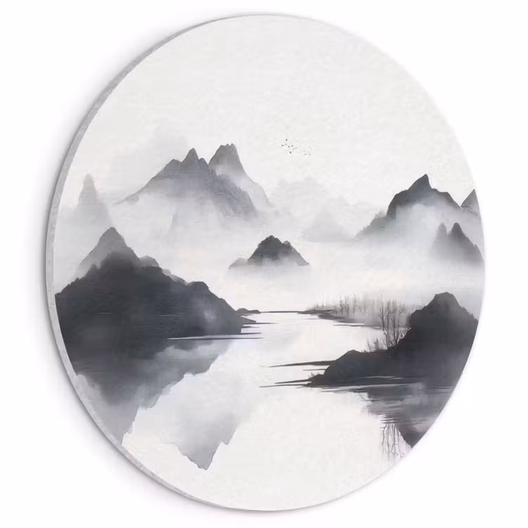 Akoestisch schilderij rond - Bergen - Mistig - Water - Wit — 1