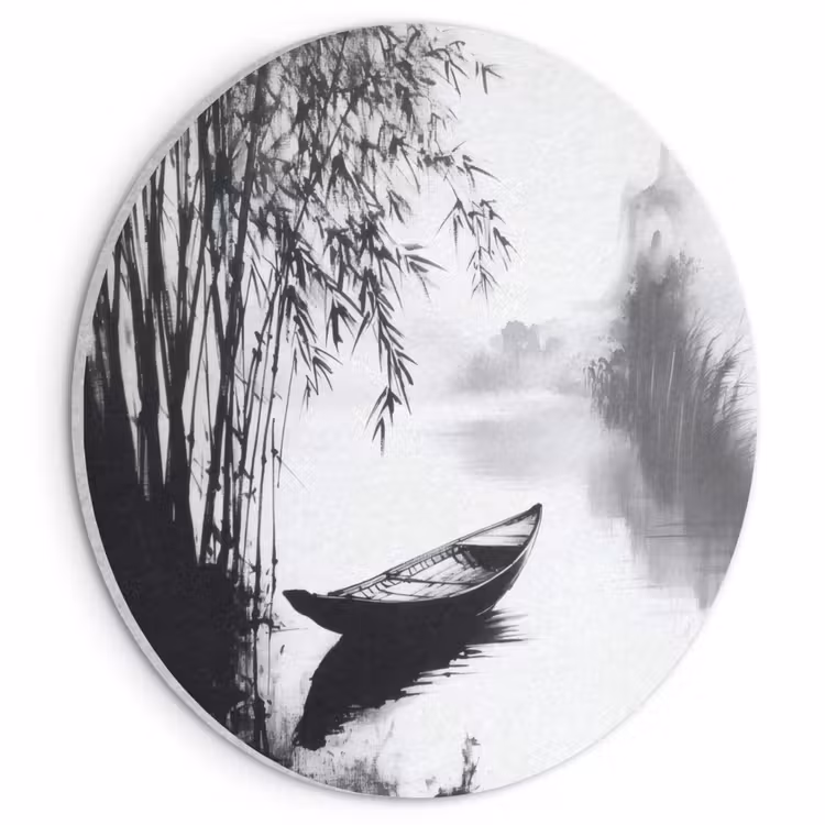 Akoestisch schilderij rond - Boot - Rivier - Bamboe - Wit — 1