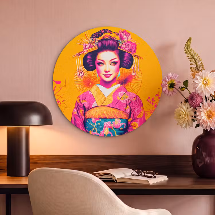 Akoestisch schilderij rond - Bloemen - Vrouw - Kimono - Roze — 2