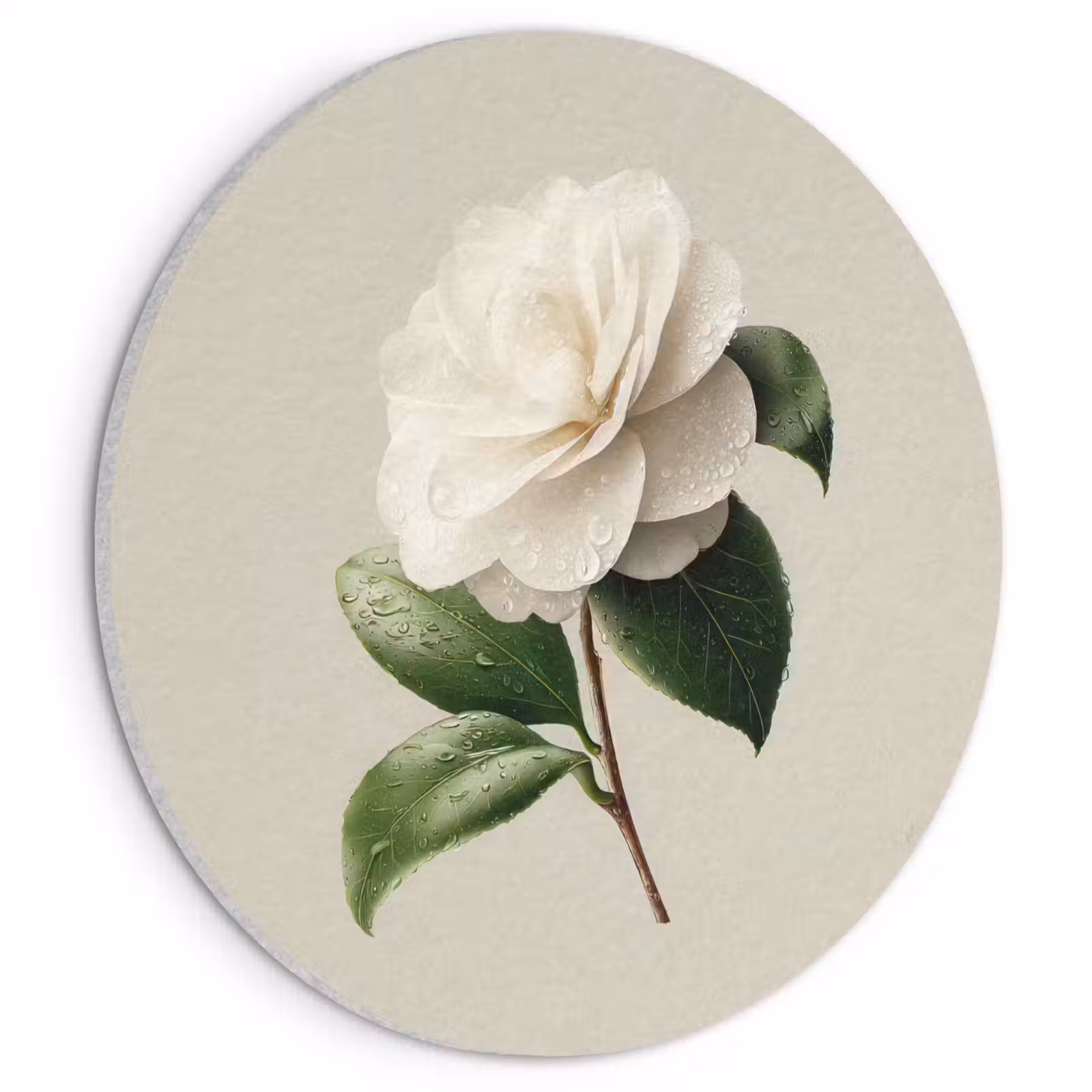 Akoestisch schilderij rond - Cameliabloem - Wit - Groen — 1