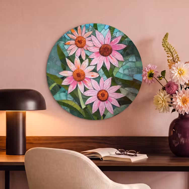 Akoestisch schilderij rond - Bloemen - Roze - Glasmozaïek — 2