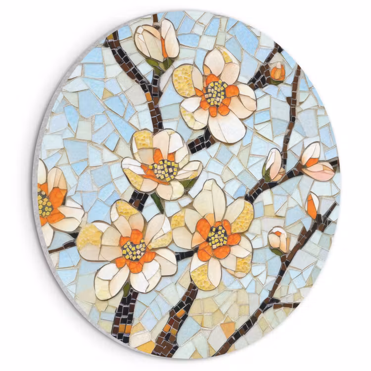 Akoestisch schilderij rond - Bloesems - Wit - Mozaïek - Tak — 1