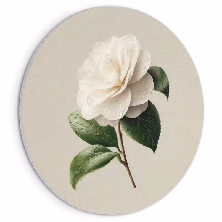 Akoestisch schilderij rond - Cameliabloem - Wit - Groen — 1