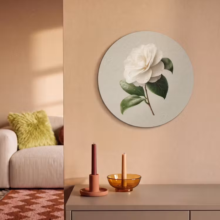 Akoestisch schilderij rond - Cameliabloem - Wit - Groen — 3