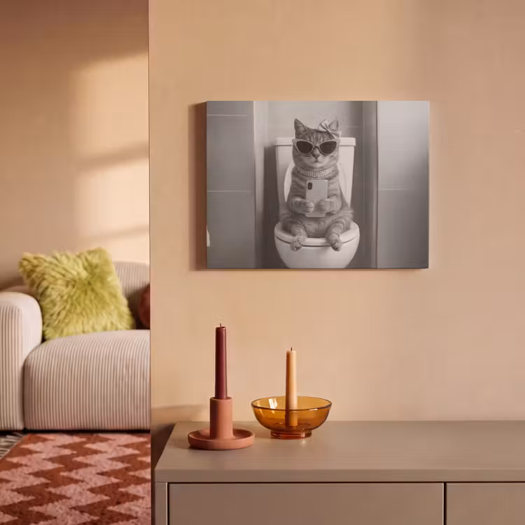 Akoestisch schilderij - Kat - Telefoon - Toilet - Zwart - Wit — 2