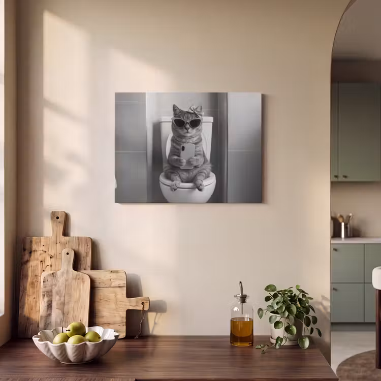 Akoestisch schilderij - Kat - Telefoon - Toilet - Zwart - Wit — 3