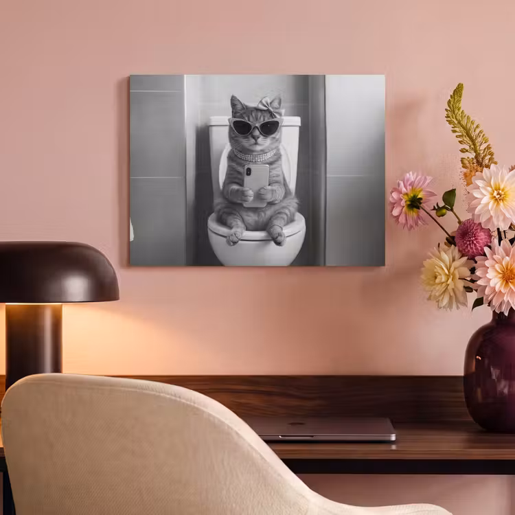 Akoestisch schilderij - Kat - Telefoon - Toilet - Zwart - Wit — 4