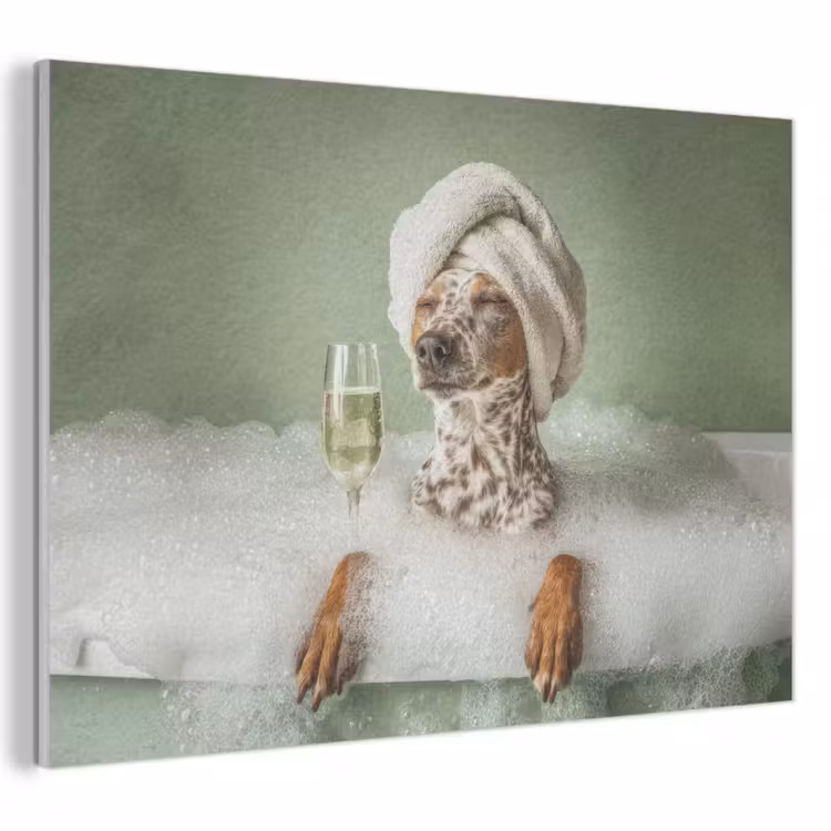 Akoestisch schilderij - Hond - Bad - Champagne - Handdoek — 1