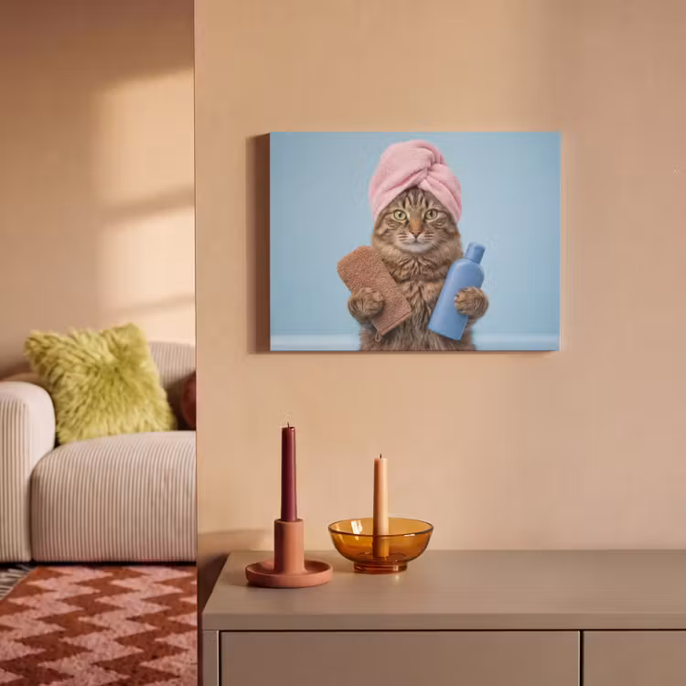 Akoestisch schilderij - Kat - Handdoek - Washand - Zeep — 2