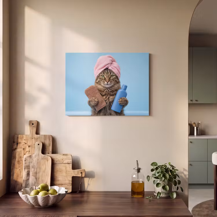 Akoestisch schilderij - Kat - Handdoek - Washand - Zeep — 3