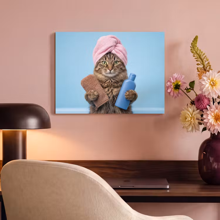 Akoestisch schilderij - Kat - Handdoek - Washand - Zeep — 4
