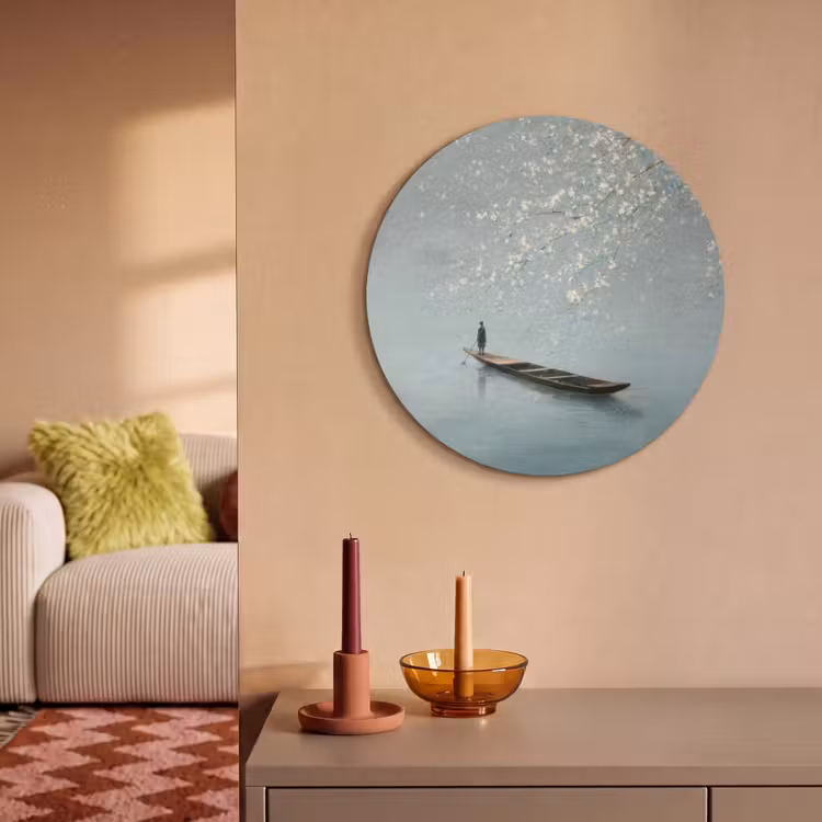 Akoestisch schilderij rond - Bloesems - Minimalistisch - Wateroppervlak - Boot — 3