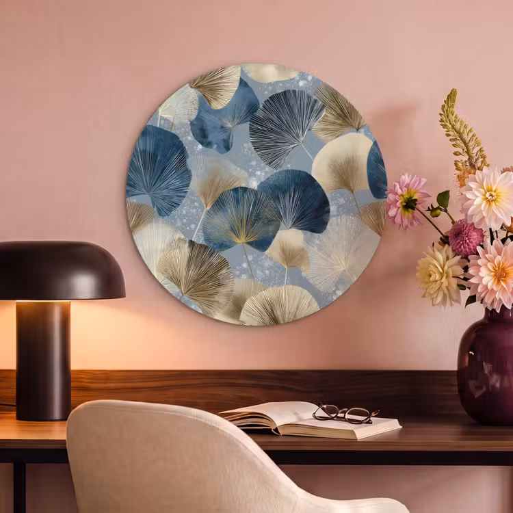 Akoestisch schilderij rond - Bladeren - Abstract - Goud - Blauw — 2