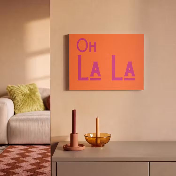 Akoestisch schilderij - Oh la la - Oranje - Roze - Scheeflettertype — 2