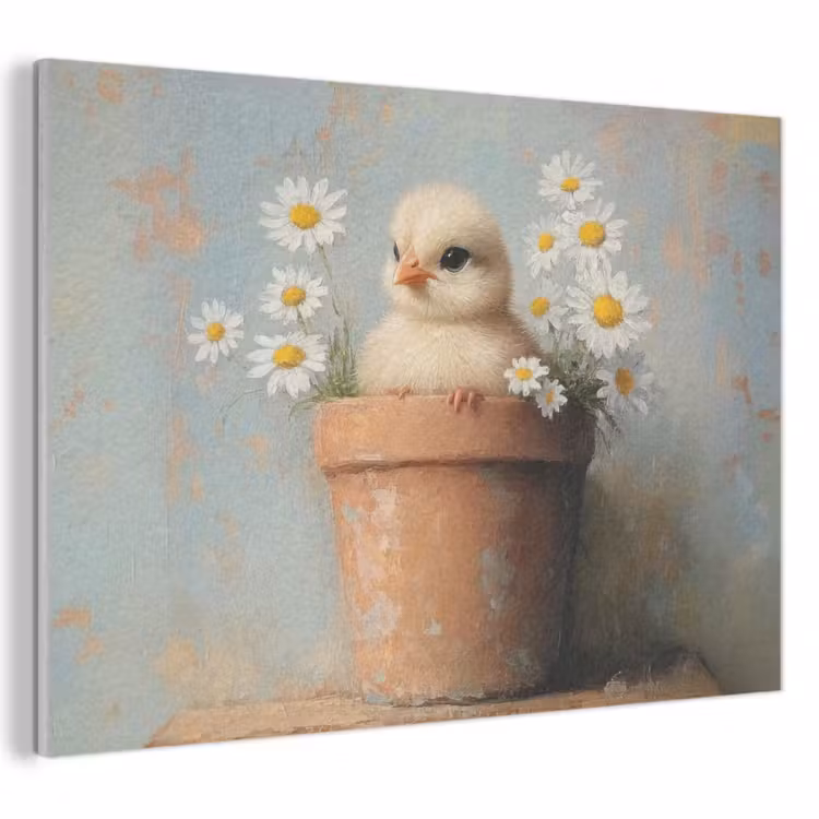 Akoestisch schilderij - Bloempot - Kuiken - Bloemetjes — 1