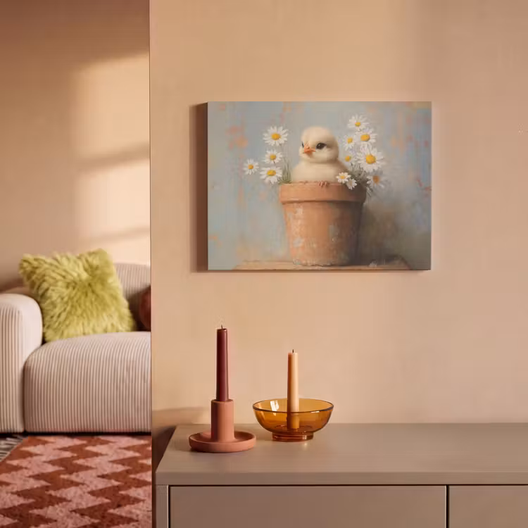 Akoestisch schilderij - Bloempot - Kuiken - Bloemetjes — 2