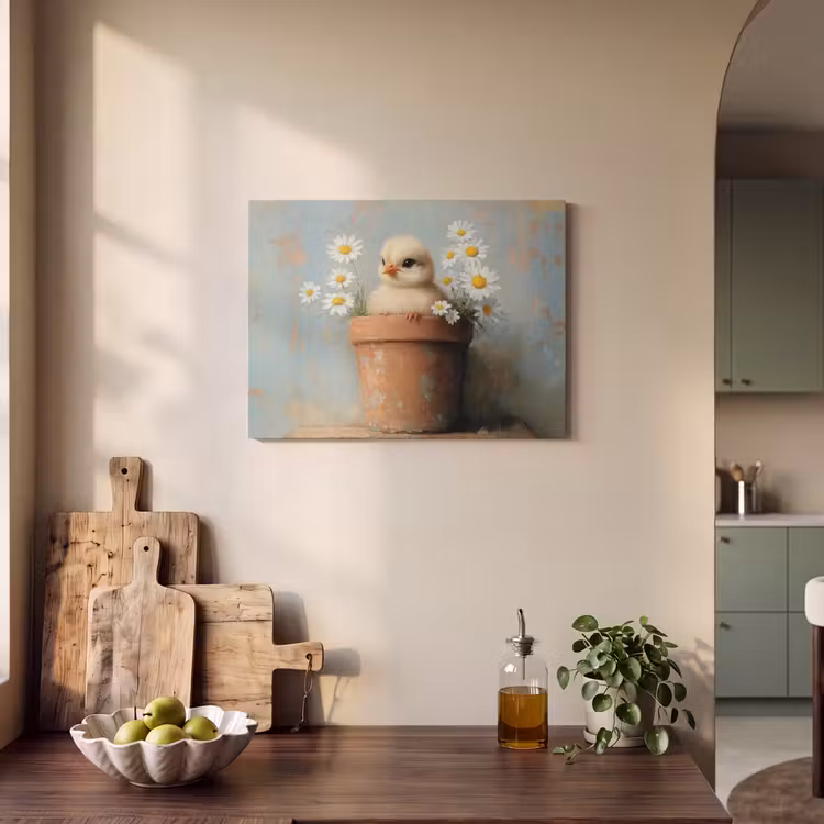 Akoestisch schilderij - Bloempot - Kuiken - Bloemetjes — 3