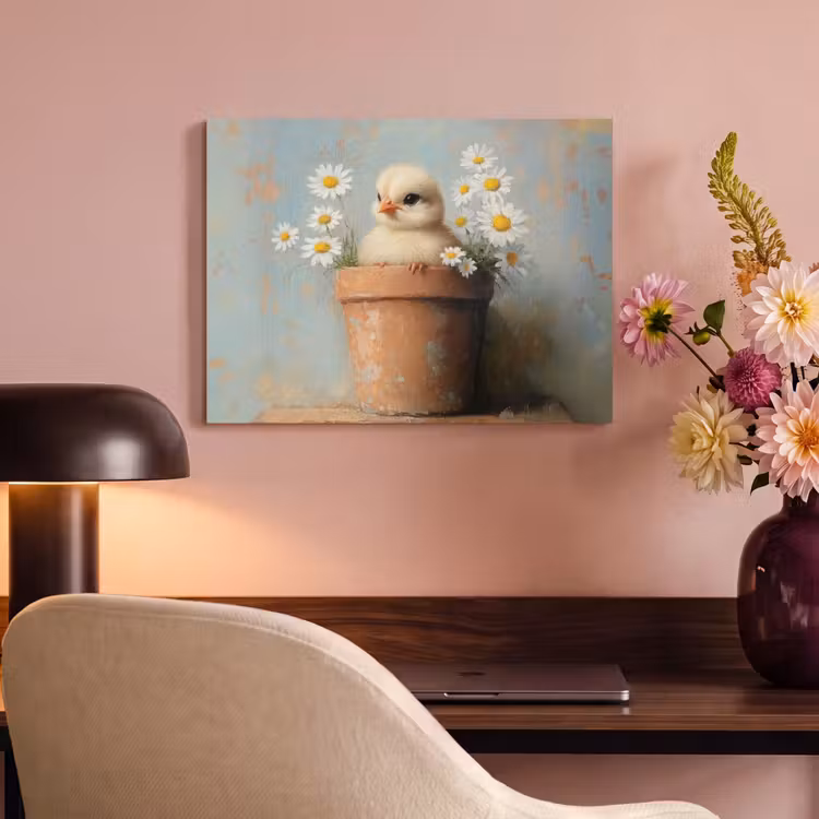 Akoestisch schilderij - Bloempot - Kuiken - Bloemetjes — 4