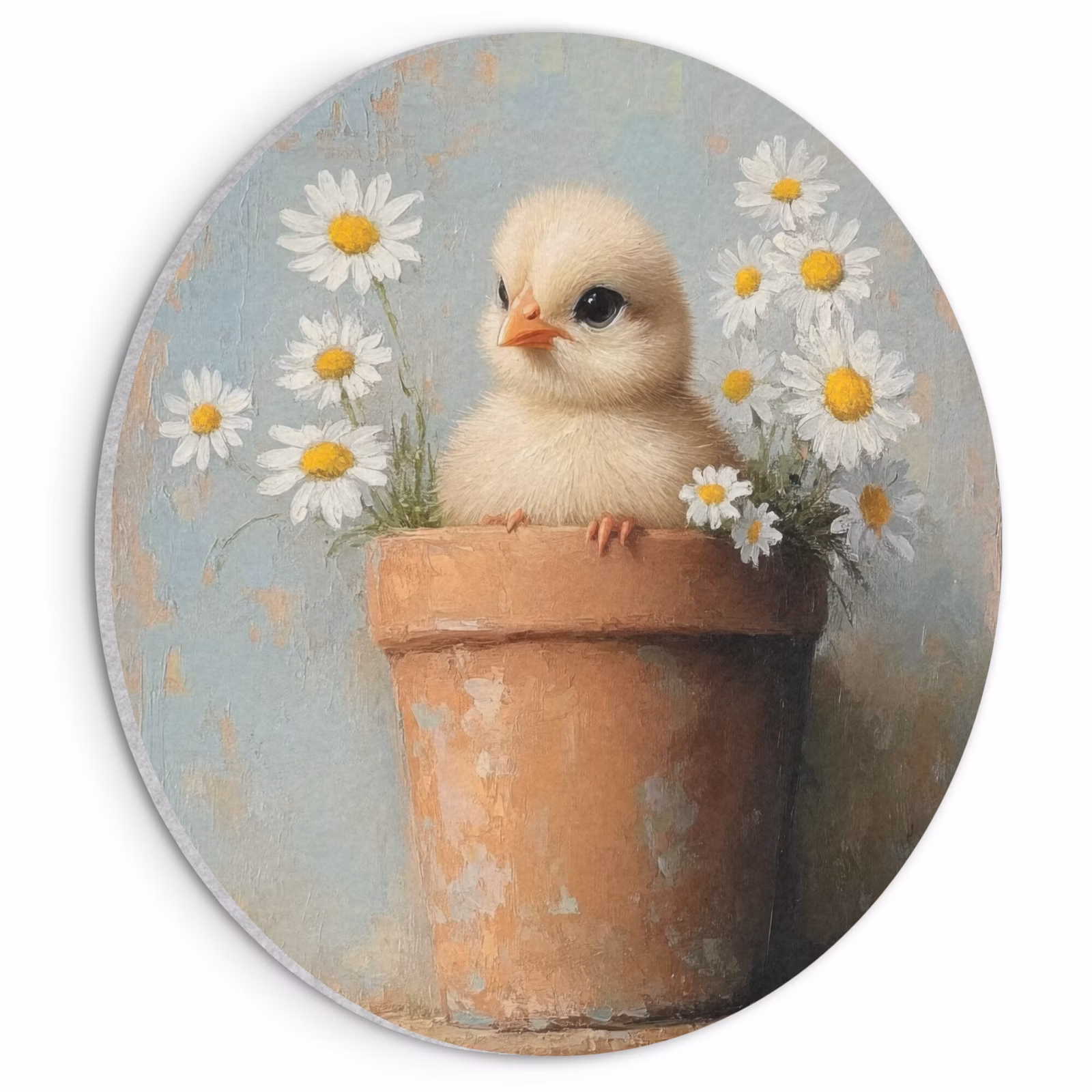 Akoestisch schilderij rond - Bloempot - Kuiken - Bloemetjes — 1