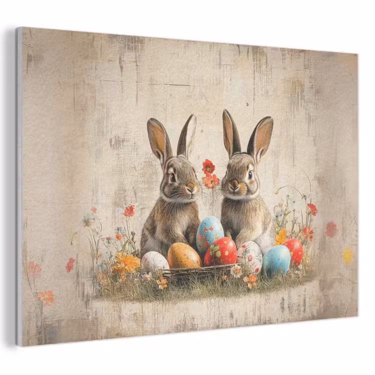 Akoestisch schilderij - Konijnen - Bloemen - Eieren — 1