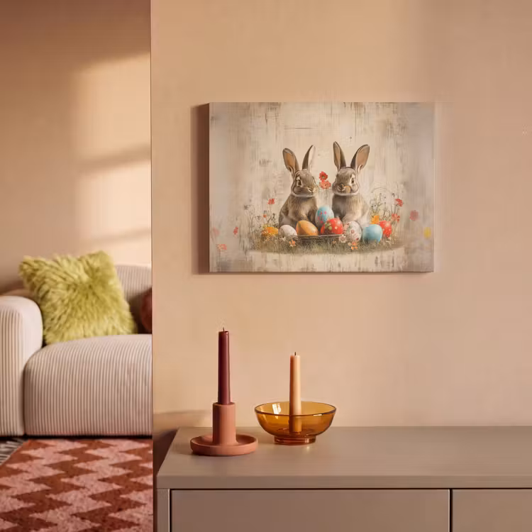 Akoestisch schilderij - Konijnen - Bloemen - Eieren — 2