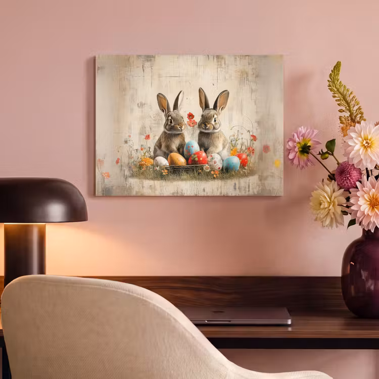 Akoestisch schilderij - Konijnen - Bloemen - Eieren — 4