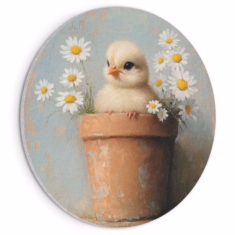 Akoestisch schilderij rond - Bloempot - Kuiken - Bloemetjes — 1