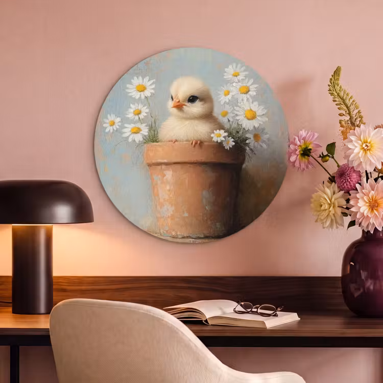 Akoestisch schilderij rond - Bloempot - Kuiken - Bloemetjes — 2