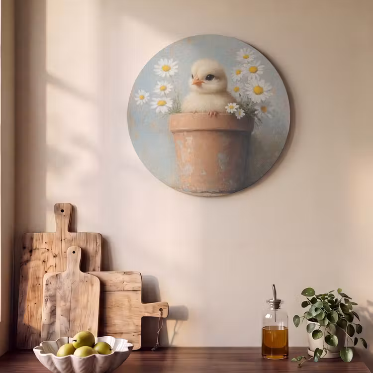 Akoestisch schilderij rond - Bloempot - Kuiken - Bloemetjes — 4