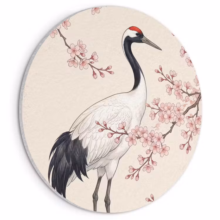 Akoestisch schilderij rond - Aziatisch - Kraanvogel - Beige — 1