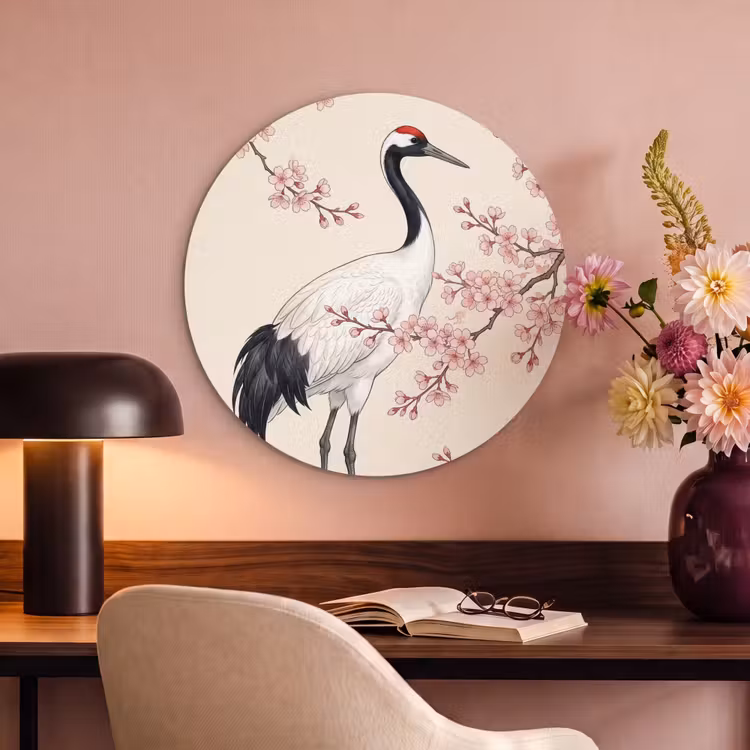 Akoestisch schilderij rond - Aziatisch - Kraanvogel - Beige — 2
