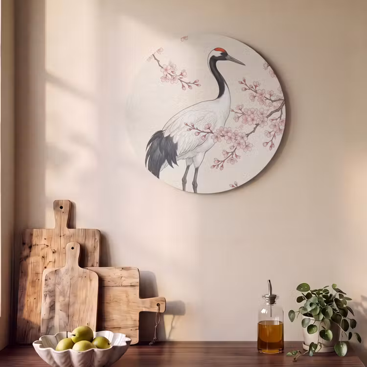 Akoestisch schilderij rond - Aziatisch - Kraanvogel - Beige — 4