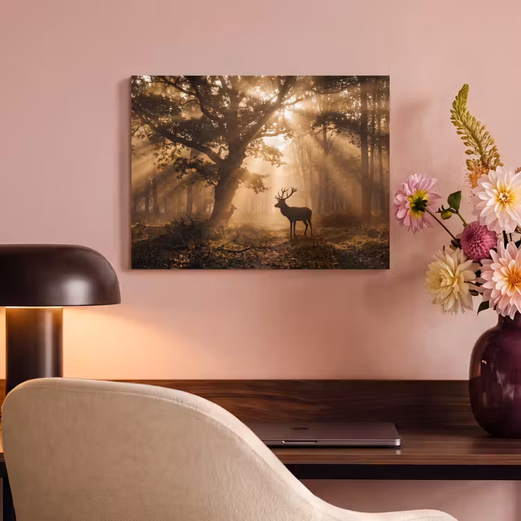 Akoestisch schilderij - Hert - Bos - Mistig - Natuur - Goud — 4