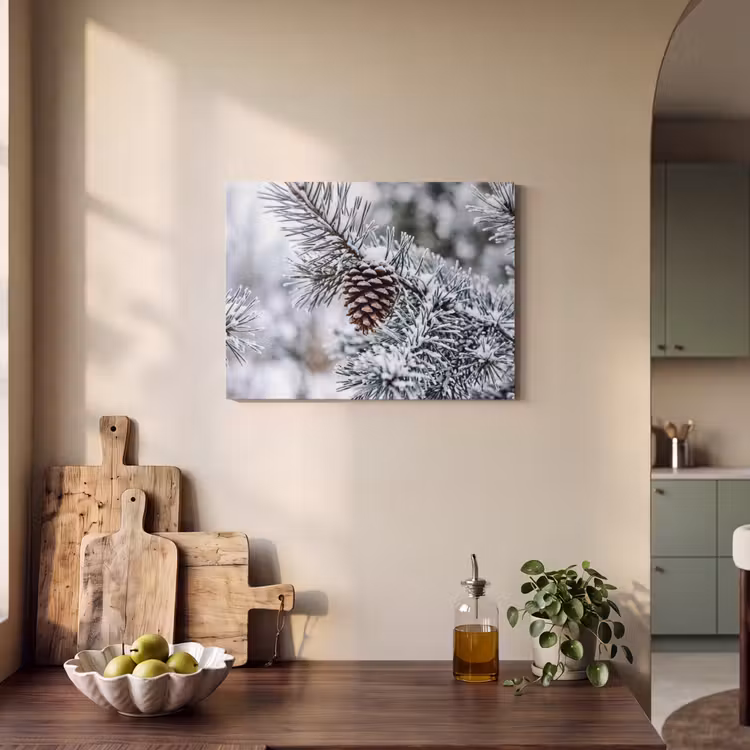 Akoestisch schilderij - Dennenappel - Tak - Sneeuw - Winter - Sfeervol — 3