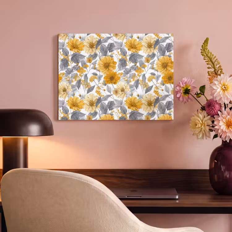 Akoestisch schilderij - Bloemen - Botanisch - Elegant - Okergeel - Grijs — 4